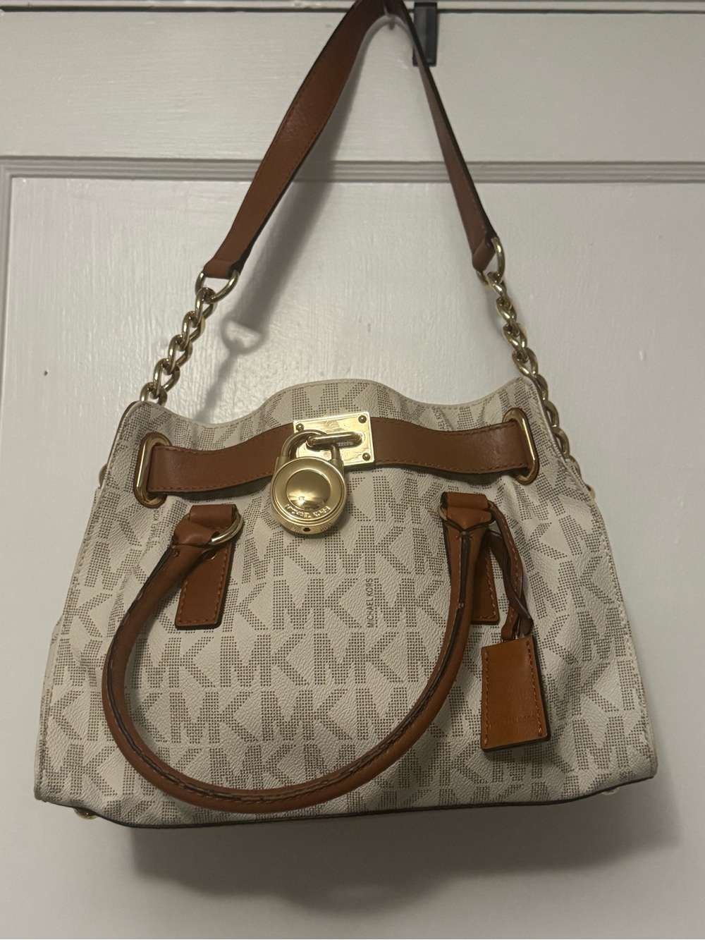 Michael Kors Beige & Brown Logo Satchel with Gold Hardware